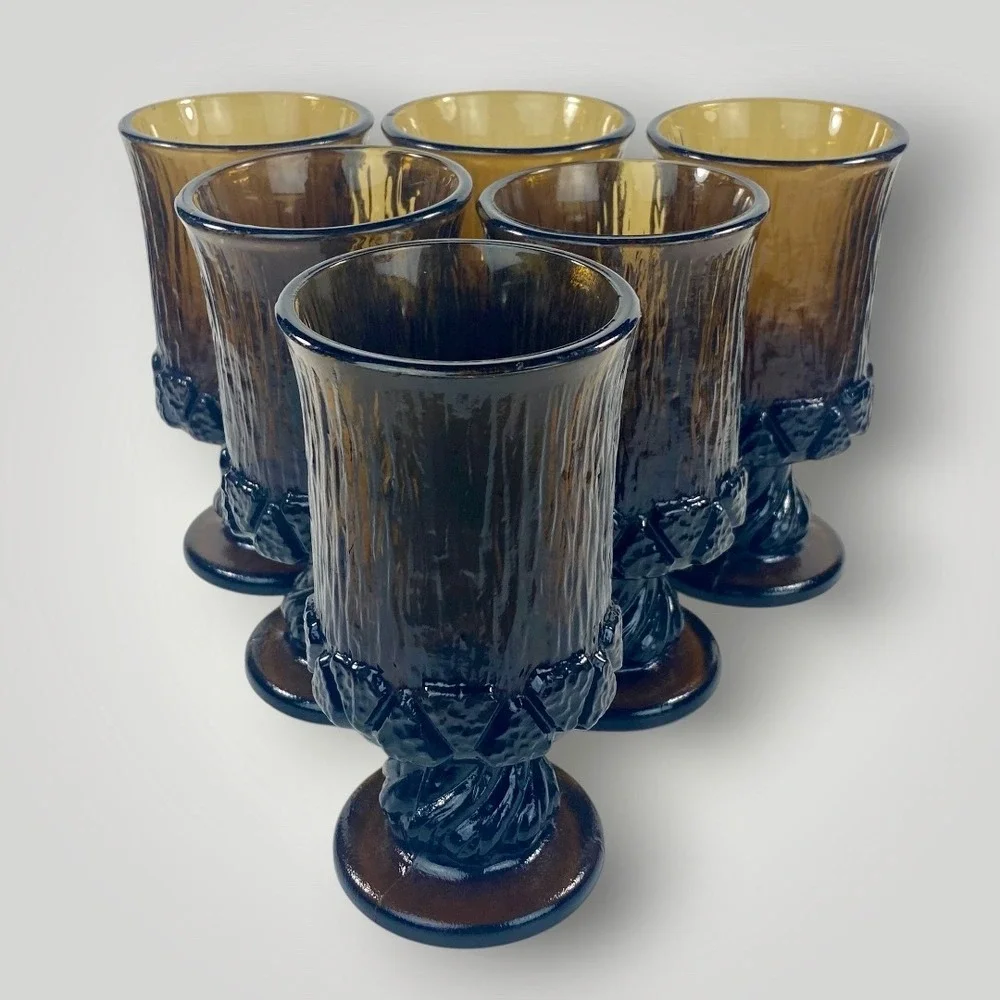 Fostoria Sorrento Brown Glass Water Goblets Set of 6 Vintage 1970s